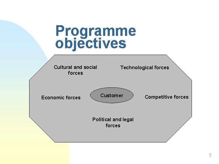 Programme objectives Cultural and social forces Economic forces Technological forces Customer Competitive forces Political