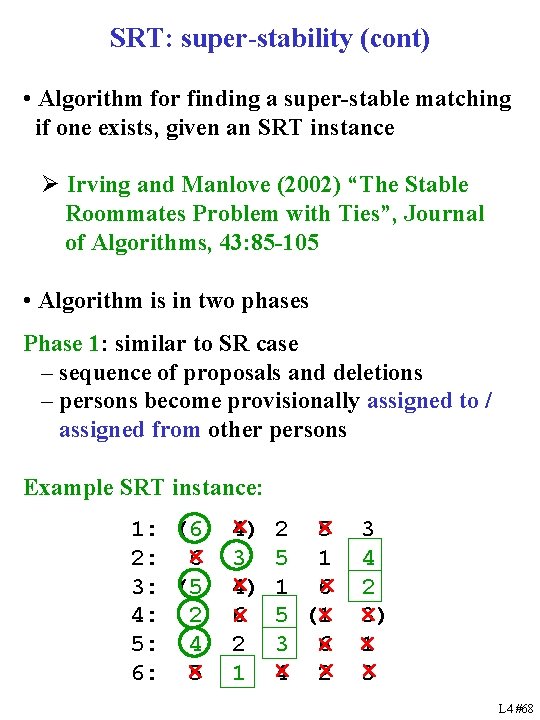 SRT: super-stability (cont) • Algorithm for finding a super-stable matching if one exists, given