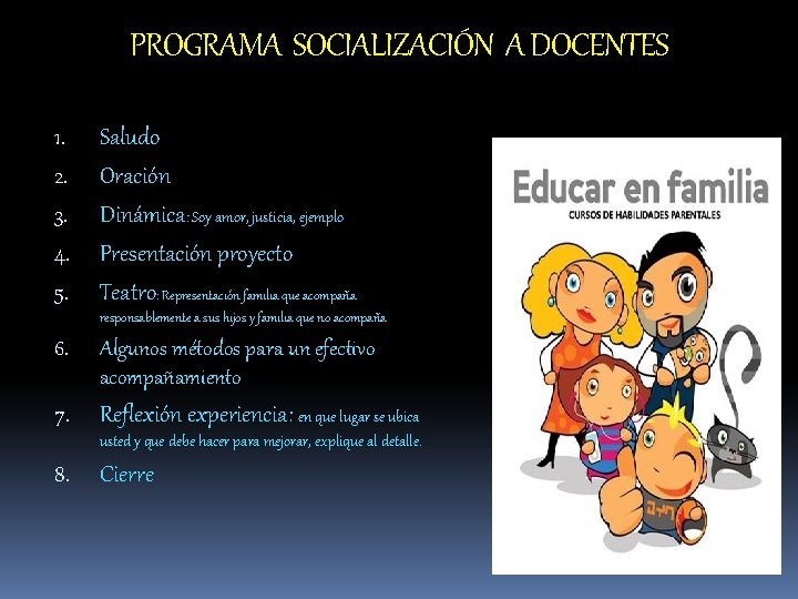 PROGRAMA SOCIALIZACIÓN A DOCENTES 1. 2. 3. 4. 5. Saludo Oración Dinámica: Soy amor,