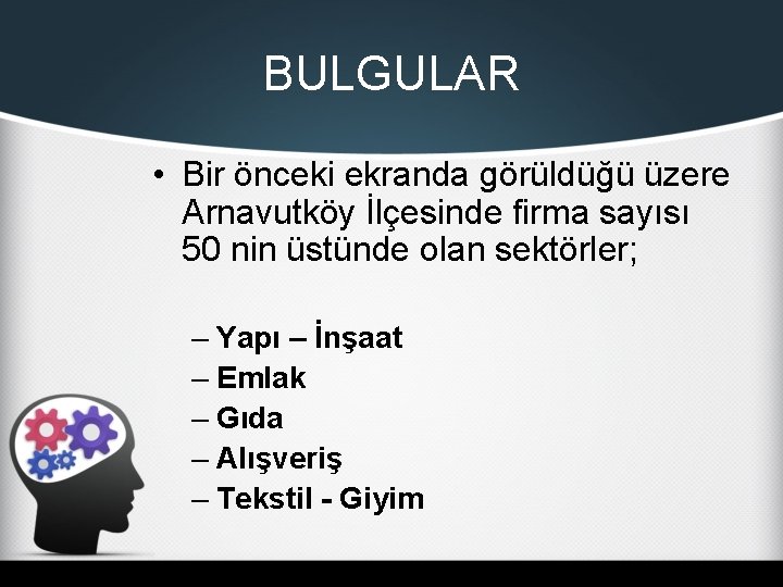 BULGULAR • Bir önceki ekranda görüldüğü üzere Arnavutköy İlçesinde firma sayısı 50 nin üstünde
