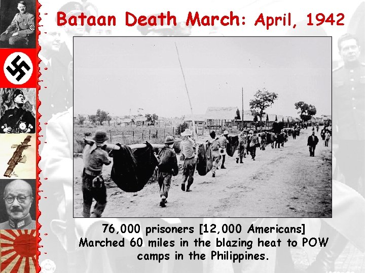 Bataan Death March: April, 1942 76, 000 prisoners [12, 000 Americans] Marched 60 miles