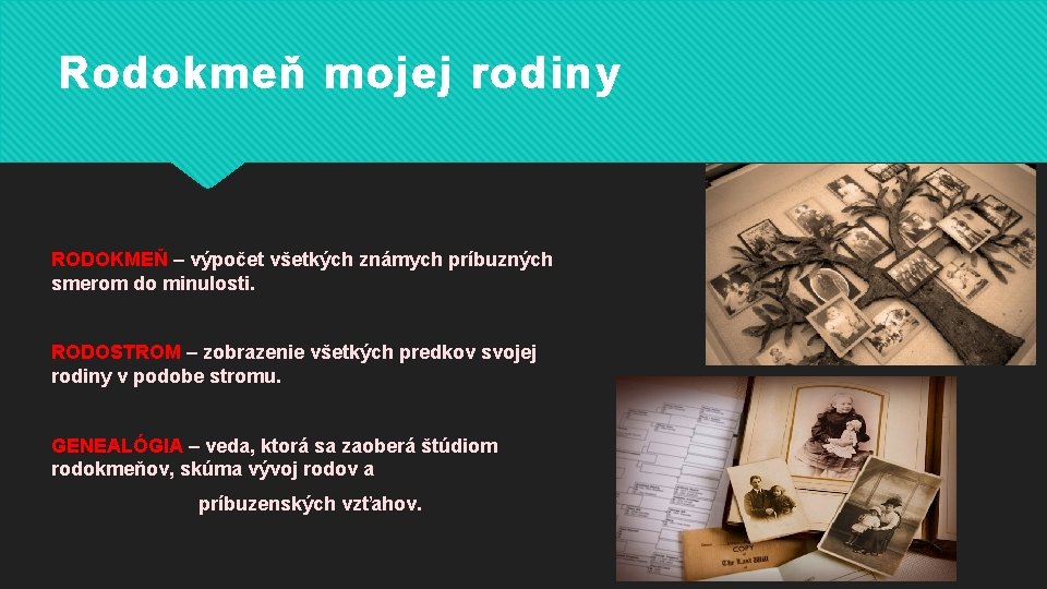 Rodokmeň mojej rodiny RODOKMEŇ – výpočet všetkých známych príbuzných smerom do minulosti. RODOSTROM –