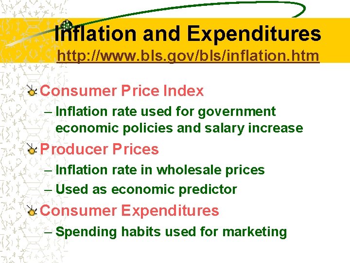 Inflation and Expenditures http: //www. bls. gov/bls/inflation. htm Consumer Price Index – Inflation rate