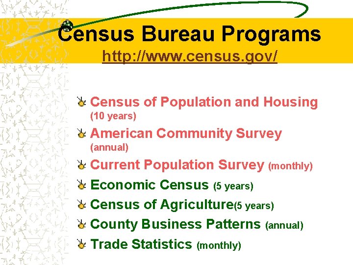 Census Bureau Programs http: //www. census. gov/ Census of Population and Housing (10 years)
