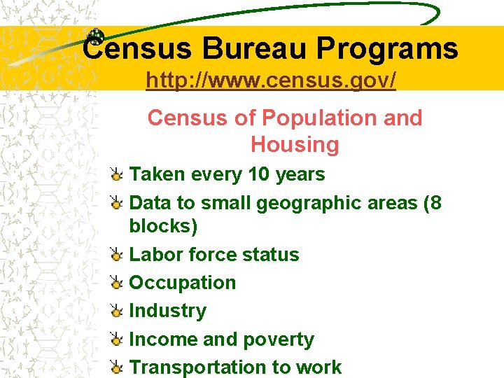 Census Bureau Programs http: //www. census. gov/ Census of Population and Housing Taken every
