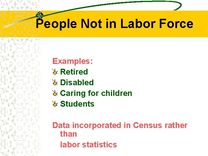 People Not in Labor Force Examples: Retired Disabled Caring for children Students Data incorporated