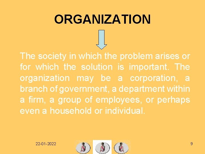 ORGANIZATION The society in which the problem arises or for which the solution is