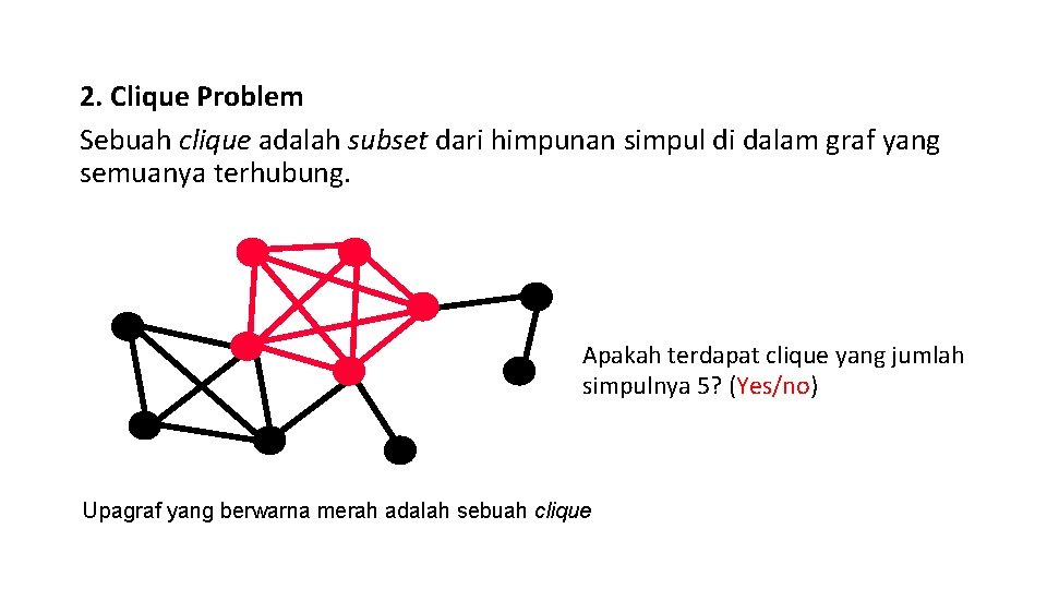 2. Clique Problem Sebuah clique adalah subset dari himpunan simpul di dalam graf yang