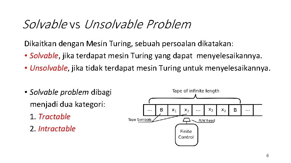 Solvable vs Unsolvable Problem Dikaitkan dengan Mesin Turing, sebuah persoalan dikatakan: • Solvable, jika