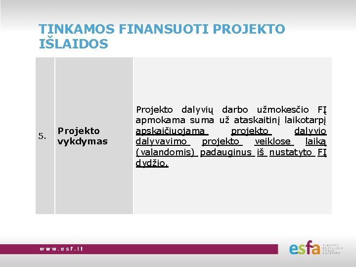 TINKAMOS FINANSUOTI PROJEKTO IŠLAIDOS 5. Projekto vykdymas Projekto dalyvių darbo užmokesčio FĮ apmokama suma