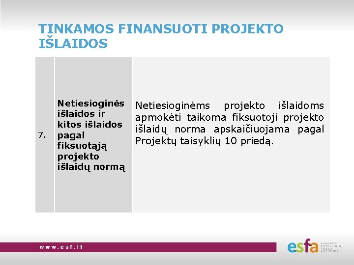 TINKAMOS FINANSUOTI PROJEKTO IŠLAIDOS 7. Netiesioginės išlaidos ir kitos išlaidos pagal fiksuotąją projekto išlaidų