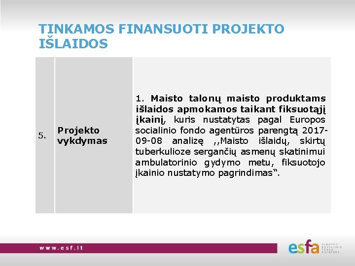 TINKAMOS FINANSUOTI PROJEKTO IŠLAIDOS 5. Projekto vykdymas 1. Maisto talonų maisto produktams išlaidos apmokamos