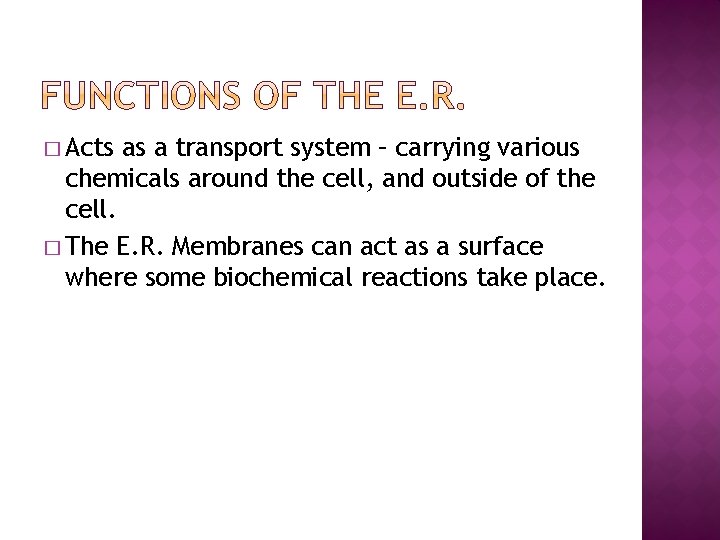 � Acts as a transport system – carrying various chemicals around the cell, and