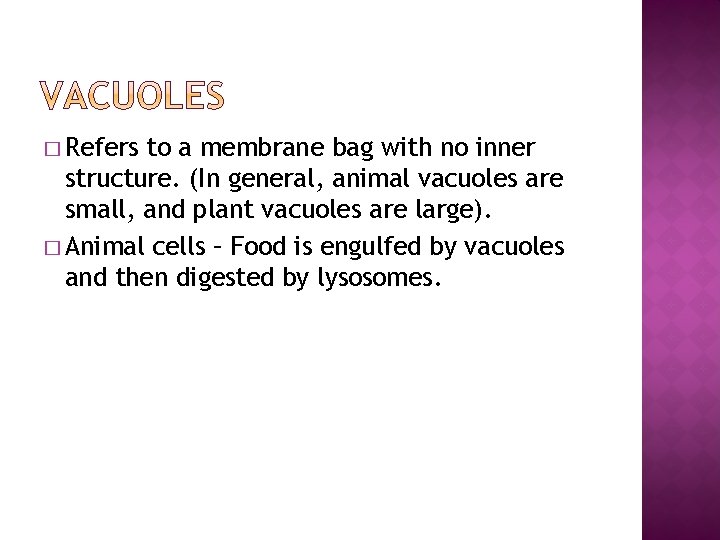 � Refers to a membrane bag with no inner structure. (In general, animal vacuoles