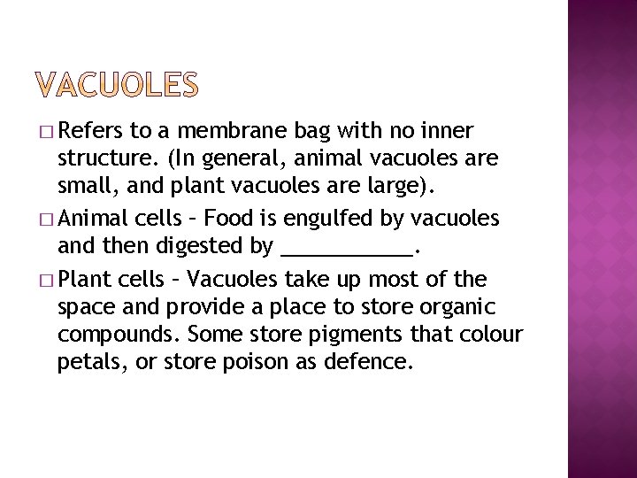 � Refers to a membrane bag with no inner structure. (In general, animal vacuoles