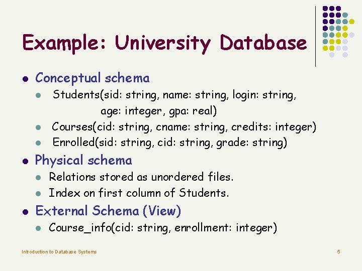 Example: University Database l Conceptual schema l l Physical schema l l l Students(sid: Example: University Database l Conceptual schema l l Physical schema l l l Students(sid: