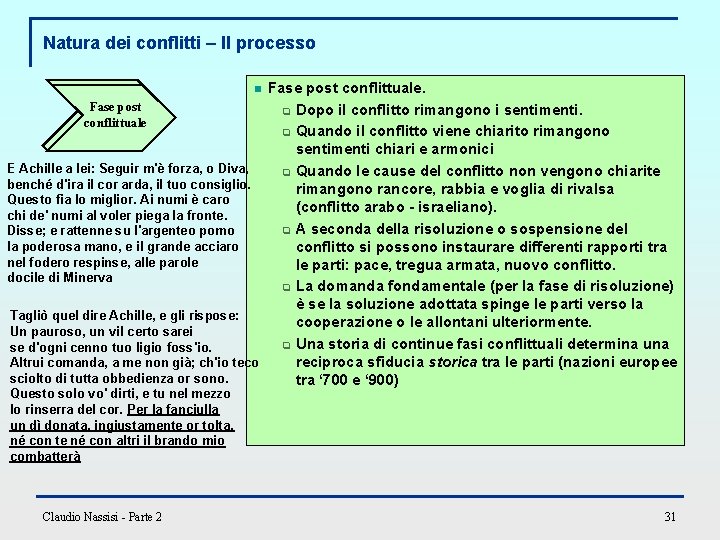 Natura dei conflitti – Il processo Fase post conflittuale. Fase post q Dopo il