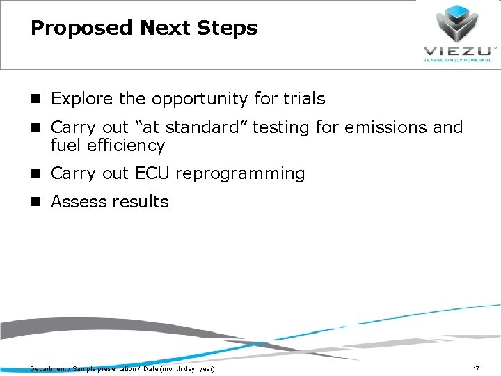 Proposed Next Steps Explore the opportunity for trials Carry out “at standard” testing for