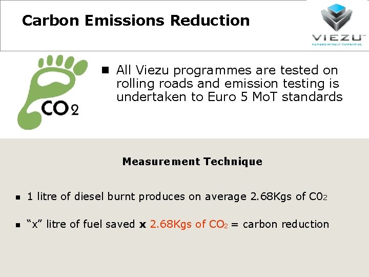 Carbon Emissions Reduction All Viezu programmes are tested on rolling roads and emission testing