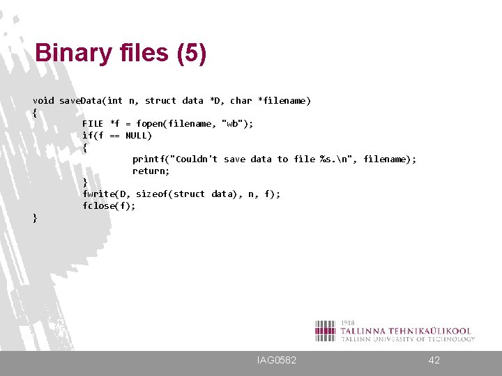 Binary files (5) void save. Data(int n, struct data *D, char *filename) { FILE