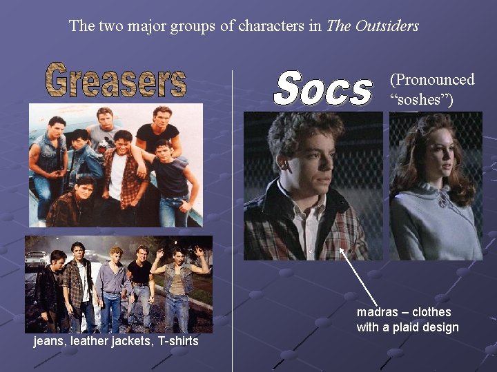 The two major groups of characters in The Outsiders (Pronounced “soshes”) madras – clothes