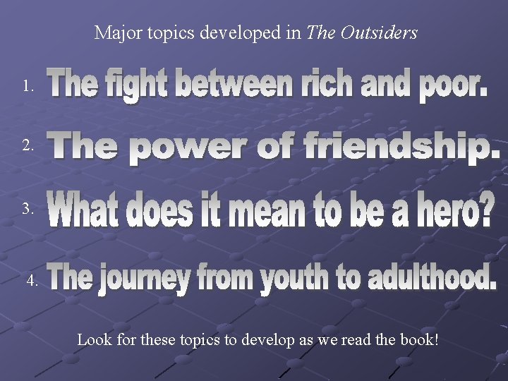 Major topics developed in The Outsiders 1. 2. 3. 4. Look for these topics