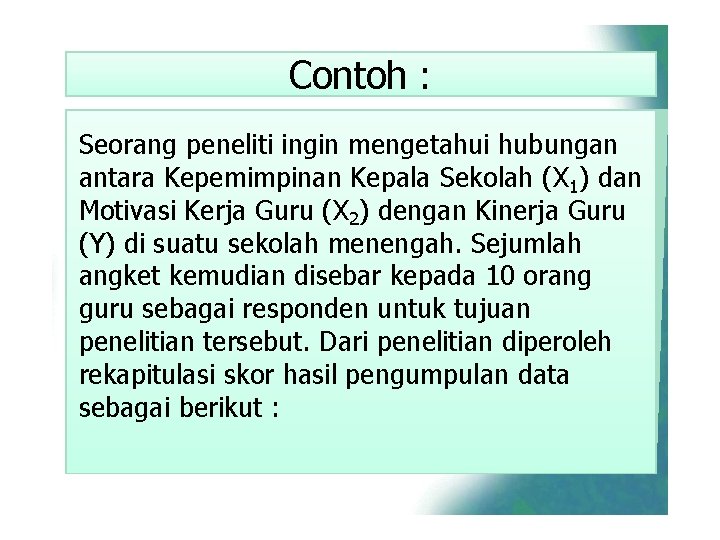 Contoh : Seorang peneliti ingin mengetahui hubungan antara Kepemimpinan Kepala Sekolah (X 1) dan