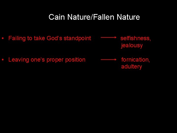 Cain Nature/Fallen Nature • Failing to take God’s standpoint selfishness, jealousy • Leaving one’s