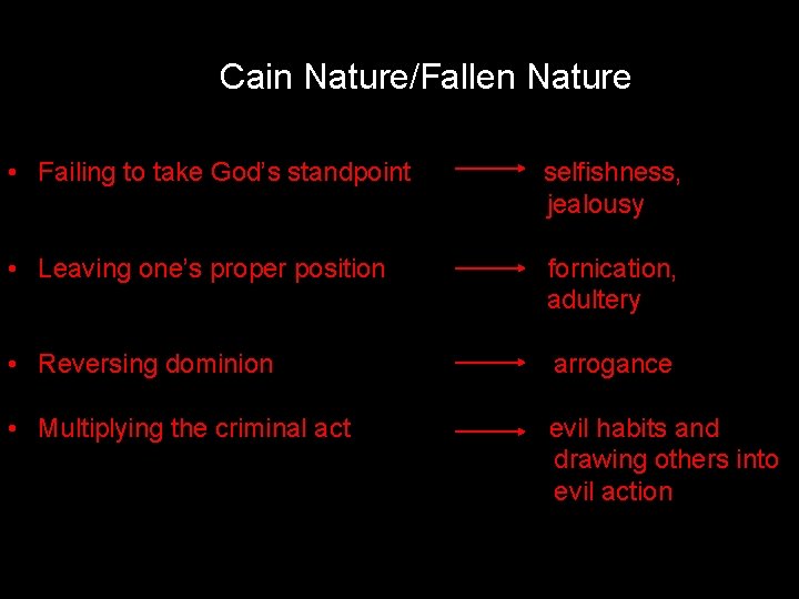 Cain Nature/Fallen Nature • Failing to take God’s standpoint selfishness, jealousy • Leaving one’s
