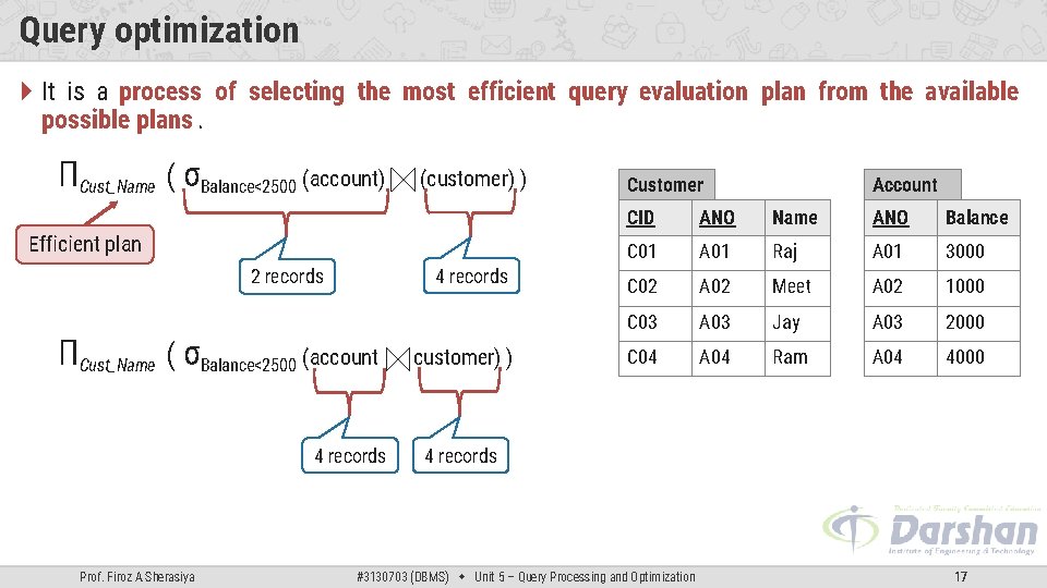 Query optimization It is a process of selecting the most efficient query evaluation plan