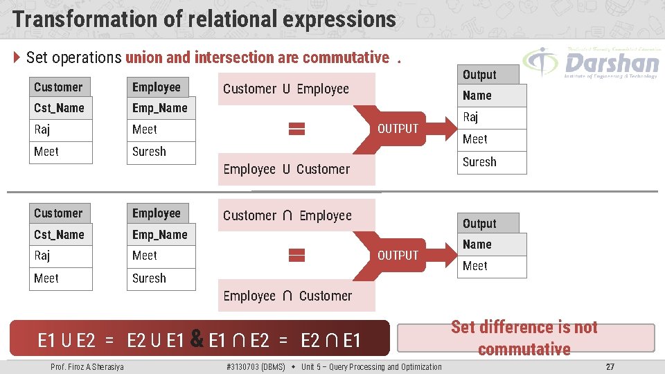 Transformation of relational expressions Set operations union and intersection are commutative. Customer Employee Cst_Name