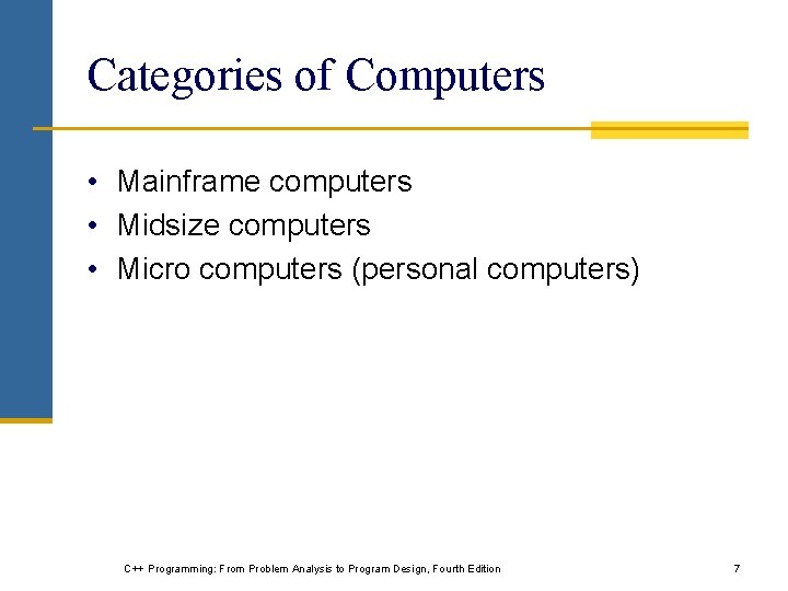 Categories of Computers • Mainframe computers • Midsize computers • Micro computers (personal computers)