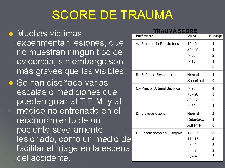 SCORE DE TRAUMA l l Muchas víctimas experimentan lesiones, que no muestran ningún tipo