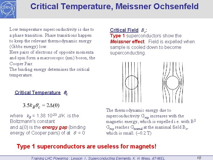 Critical Temperature, Meissner Ochsenfeld Low temperature superconductivity is due to a phase transition. Phase