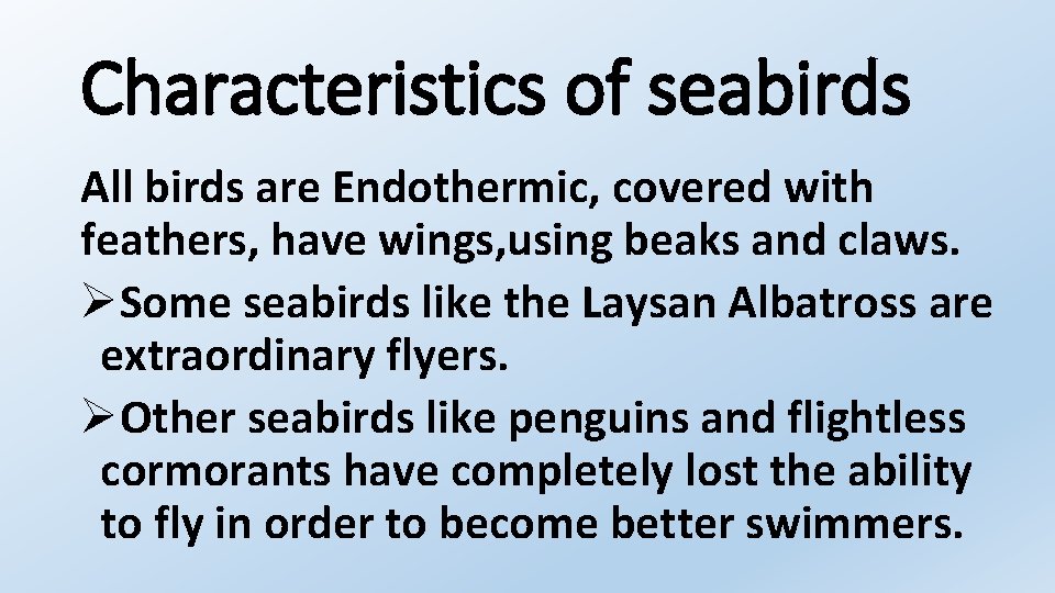 Characteristics of seabirds All birds are Endothermic, covered with feathers, have wings, using beaks