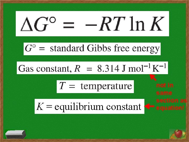 K = equilibrium constant not in same section as equation! 
