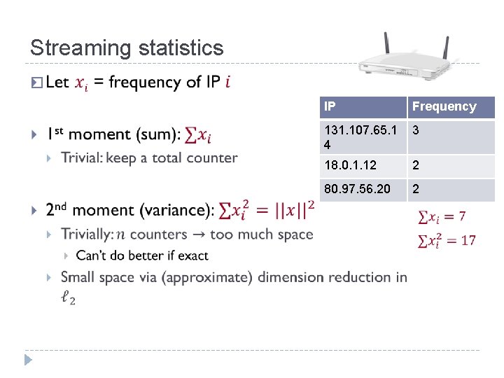 Streaming statistics � IP Frequency 131. 107. 65. 1 4 3 18. 0. 1.