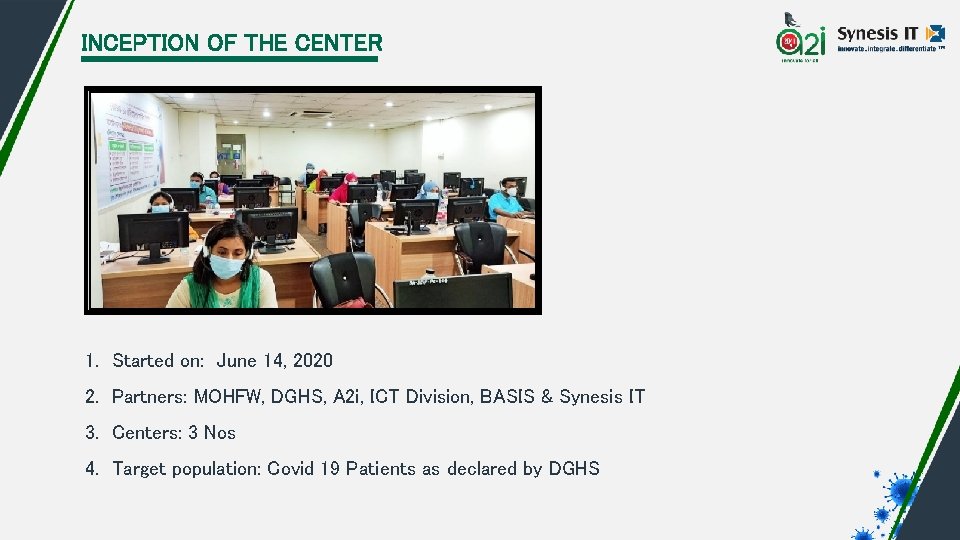 INCEPTION OF THE CENTER 1. Started on: June 14, 2020 2. Partners: MOHFW, DGHS,