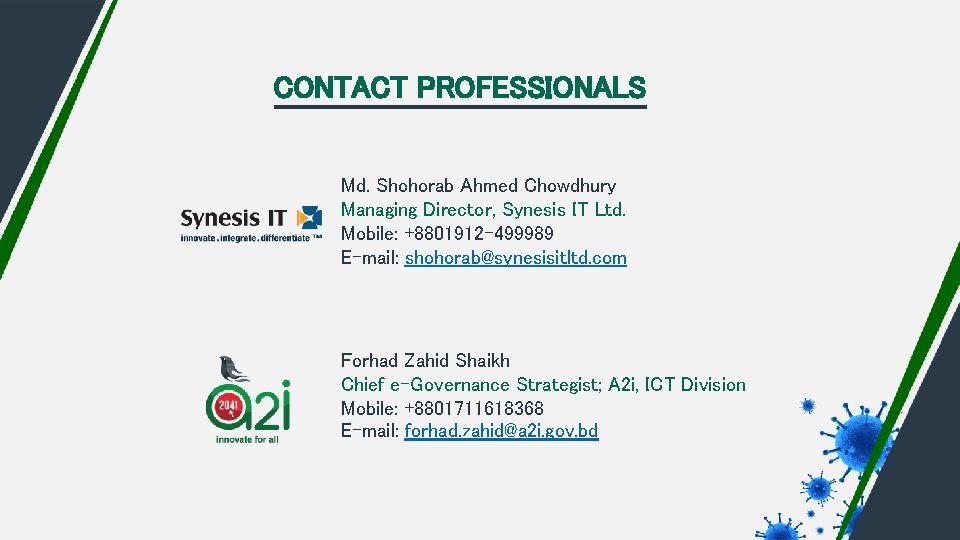 CONTACT PROFESSIONALS Md. Shohorab Ahmed Chowdhury Managing Director, Synesis IT Ltd. Mobile: +8801912 -499989