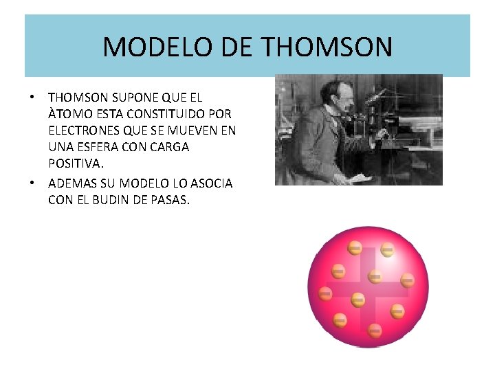MODELO DE THOMSON • THOMSON SUPONE QUE EL ÀTOMO ESTA CONSTITUIDO POR ELECTRONES QUE