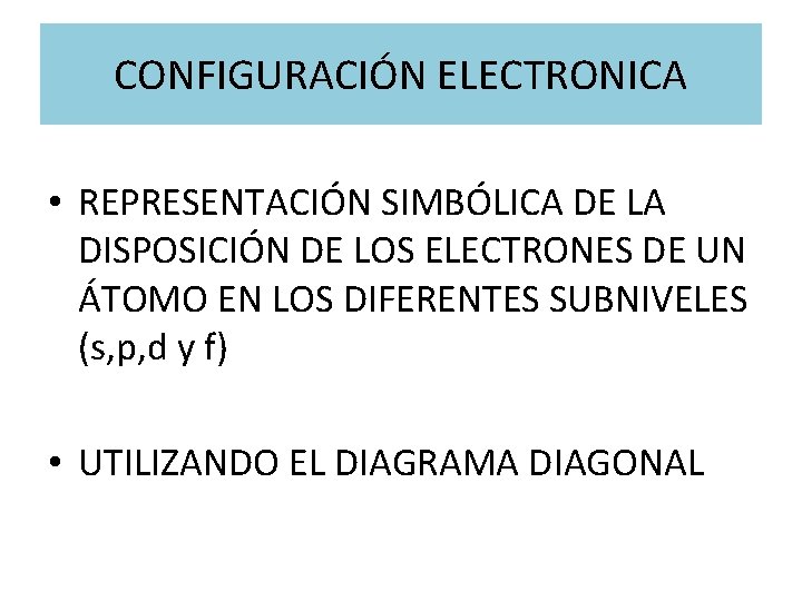 CONFIGURACIÓN ELECTRONICA • REPRESENTACIÓN SIMBÓLICA DE LA DISPOSICIÓN DE LOS ELECTRONES DE UN ÁTOMO