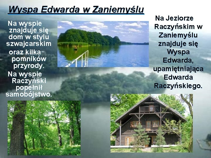 Wyspa Edwarda w Zaniemyślu Na wyspie znajduje się dom w stylu szwajcarskim oraz kilka