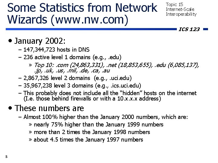 Some Statistics from Network Wizards (www. nw. com) Topic 15 Internet-Scale Interoperability ICS 123