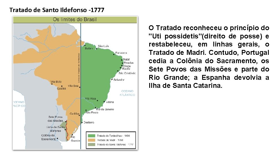 Tratado de Santo Ildefonso -1777 O Tratado reconheceu o princípio do "Uti possidetis"(direito de