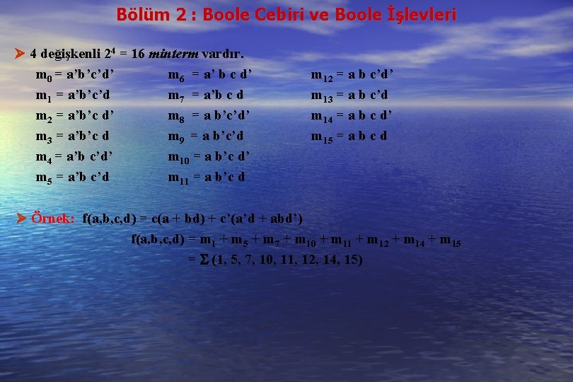 Bölüm 2 : Boole Cebiri ve Boole İşlevleri 4 değişkenli 24 = 16 minterm