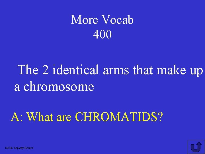 More Vocab 400 The 2 identical arms that make up a chromosome A: What