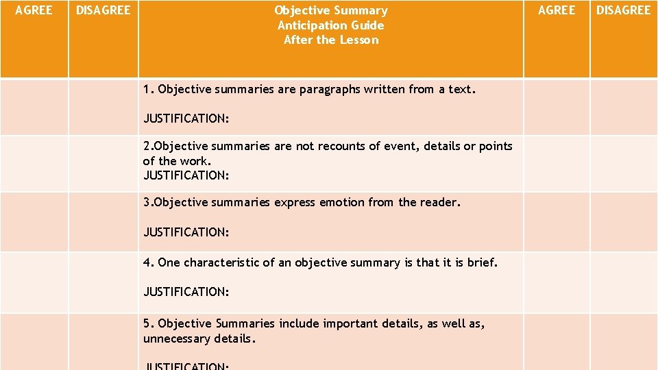 AGREE DISAGREE Objective Summary Anticipation Guide After the Lesson 1. Objective summaries are paragraphs