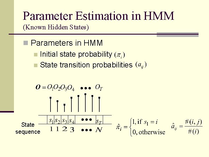 Parameter Estimation in HMM (Known Hidden States) n Parameters in HMM n Initial state
