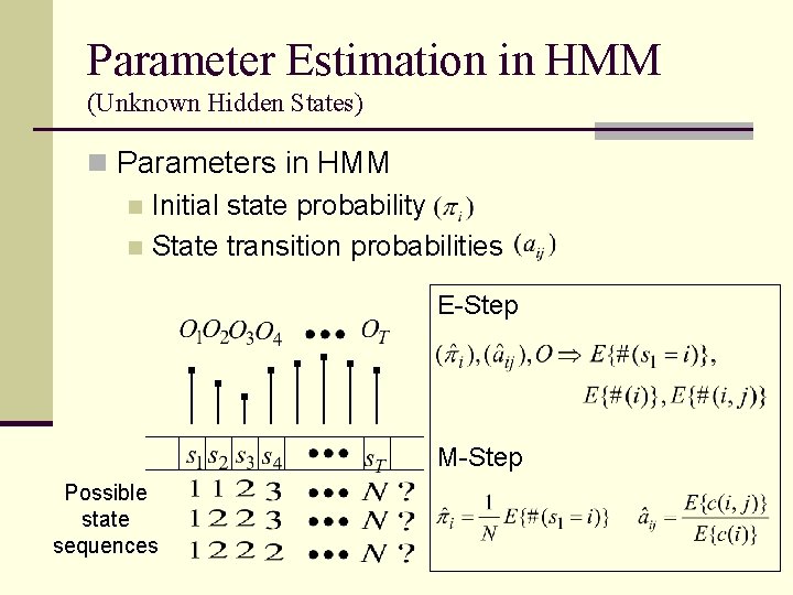 Parameter Estimation in HMM (Unknown Hidden States) n Parameters in HMM n Initial state