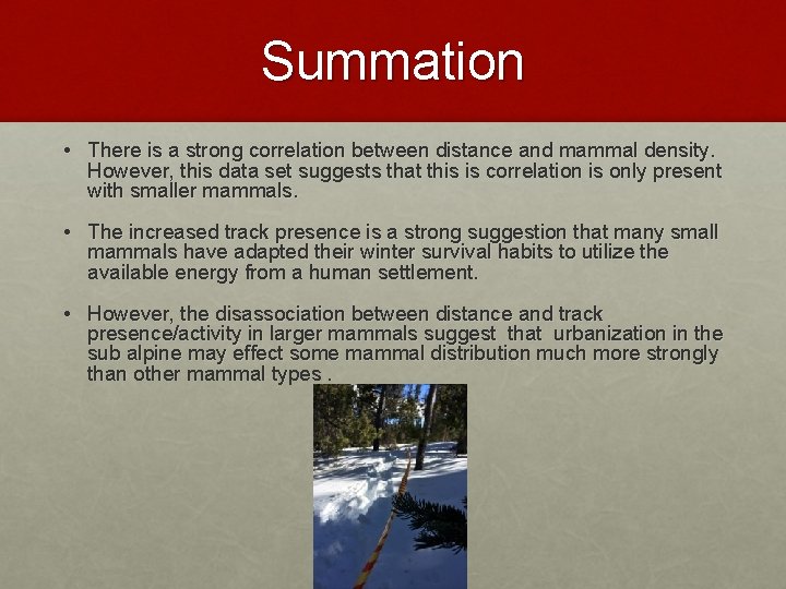 Summation • There is a strong correlation between distance and mammal density. However, this